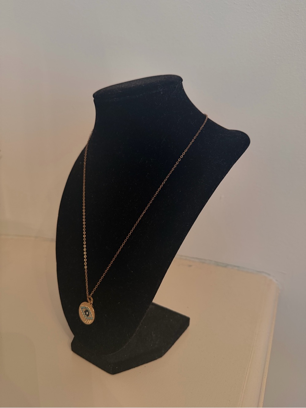 Gold-Tone Oval Pendant Necklace with Blue Accent